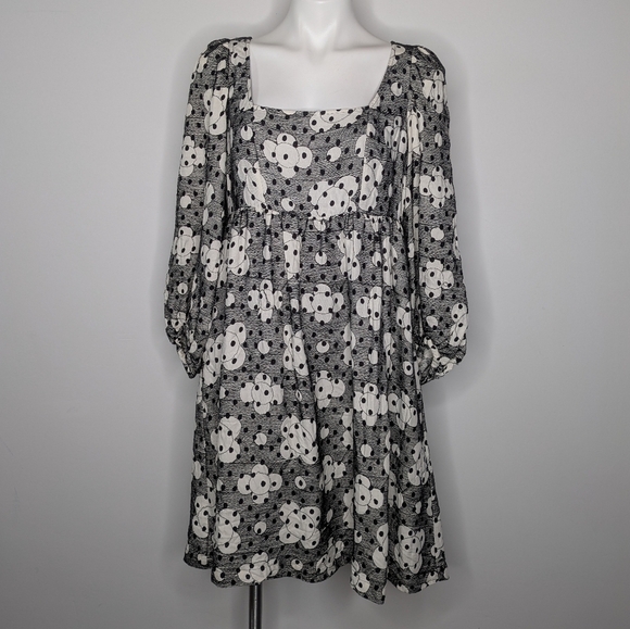 Anthropologie Jane Black White Floral Textured Babydoll Dress 10 - Picture 1 of 9